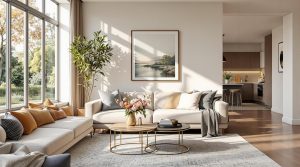 Bright and stylish living room with elegant décor and large windows, showcasing a well-staged home for sale.