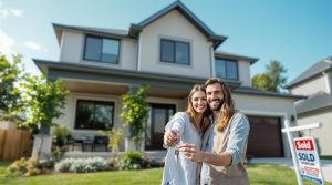 Excited first-time homebuyers holding keys in front of their newly purchased suburban house with a 'sold' sign.