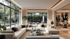 Luxury Silicon Valley home featuring a spacious modern living room with sleek furniture and floor-to-ceiling windows.