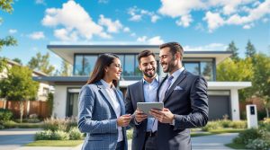 Real estate agents discussing property investment with a client in front of a modern Silicon Valley home.