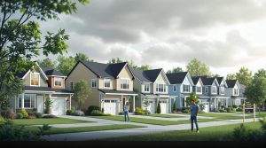 Row of newly built suburban homes with a real estate sign, symbolizing the impact of interest rates on home prices.