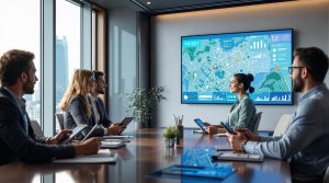 Real estate professionals in a high-rise office discussing market trends and investment opportunities using digital analytics.