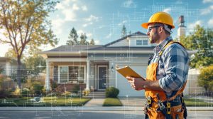 Home inspector in safety gear reviewing a house exterior with digital blueprint overlays for potential issues.