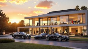 Exclusive Silicon Valley mansion with a high-end car collection and an upscale evening gathering on the balcony.