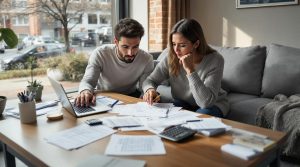 Young couple analyzing home-buying costs, surrounded by financial documents, a laptop, and a calculator.