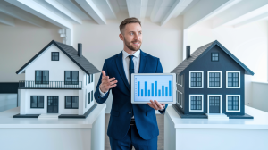 A real estate professional in a suit presents 1031 exchange investment strategies using housing models and a bar chart, symbolizing property reinvestment in California.