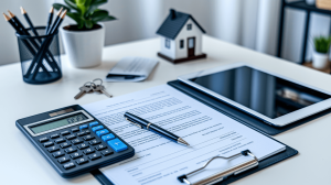 Real estate closing documents with a calculator, keys, pen, and house model on a desk.