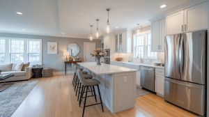 Beautifully renovated modern kitchen and living space with stylish lighting and appliances.