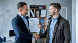 Two men shaking hands in an office while holding a mortgage pre-approval document.