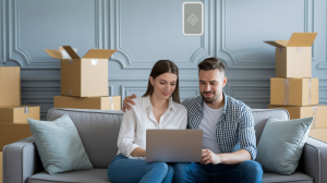 A young couple plans their relocation to Silicon Valley while researching homes on a laptop, surrounded by moving boxes—capturing the transition into a competitive tech-hub housing market.