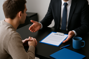 Business meeting scene with a contract on the table, showing a buyer and lender in discussion about choosing the right mortgage lender.