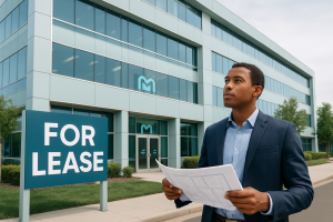 Businessman with lease documents standing in front of a modern office building with a 'For Lease' sign.