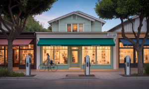 Evening street view in downtown Mountain View featuring boutique shops, EV charging stations, and a Google-branded storefront.