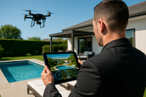Real estate agent operating a drone over a luxury home's backyard and pool, showcasing the impact of drone photography in real estate listings.
