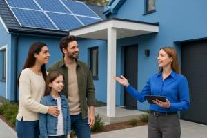 Family touring a home with visible solar panels, learning about sustainable upgrades and green home features buyers want.