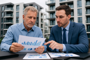Two men reviewing bar graphs and financial charts in front of a modern apartment building, discussing investment property ROI strategies.