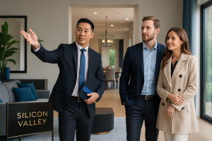 Real estate agent giving a private home tour to upscale buyers in Silicon Valley, emphasizing luxury home marketing tips through personalized service.