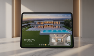 High-end digital property tour on a tablet showcasing a luxury modern home and pool with branding for LuxLiving Realty.