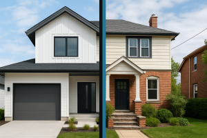 Side-by-side view of a modern new construction home and a traditional existing home, highlighting the differences in style and architecture.