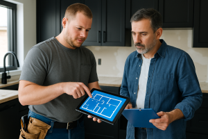 Contractor and homeowner reviewing floor plan on a tablet in a kitchen under renovation, planning pre-listing home renovations.