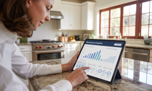 Homeowner analyzing a renovation insights report on a tablet in the kitchen, reflecting cost vs. value data.