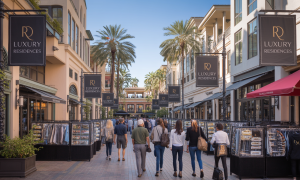Bustling outdoor scene at Santana Row with shoppers exploring luxury retail and high-end residential banners.