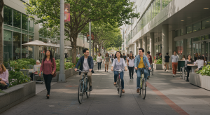 Young professionals biking and walking through a vibrant, tree-lined urban area in Silicon Valley.