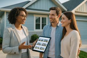 Real estate agent showing home listings on a tablet to a smiling couple outside a home in Silicon Valley.