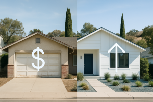 Split-screen view of a home before and after renovation showing improved return on investment in Silicon Valley real estate.