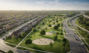 Aerial view of a suburban neighborhood with green parks and playgrounds near Sunnyvale.