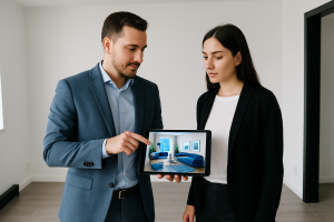 Real estate agent showing a client a virtually staged room on a tablet, illustrating the virtual home staging benefits in property marketing.
