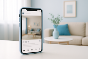 Smartphone displaying an Instagram post of a stylish, modern living room with blue accents.