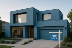 Contemporary blue two-story house with large windows and “For Sale” sign, photographed at dusk.