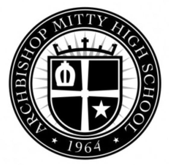 Archbishop Mitty High School seal with crown, cross, and star in circular design
