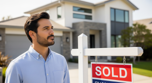 Man standing next to a “sold” sign outside a newly purchased home.