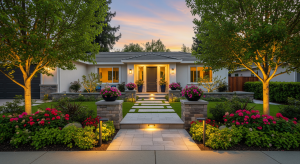 Single-story home with illuminated landscaping at sunset.