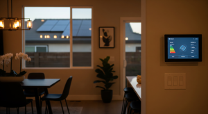 Smart energy monitor mounted on a wall inside a modern kitchen and dining area.