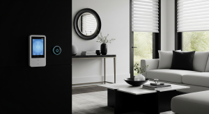 Modern living room with a wall-mounted smart home control touchscreen and minimalist interior design.