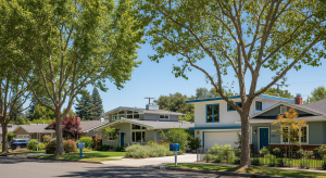 Suburban neighborhood street with mature trees and well-kept homes.