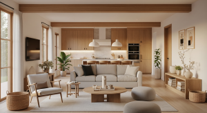 Bright open-concept living room and kitchen with warm wood finishes.