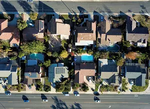 Aerial view of suburban homes in Silicon Valley representing current real estate listings
