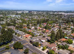 Aerial view of Silicon Valley neighborhoods showing homes, streets, and community infrastructure