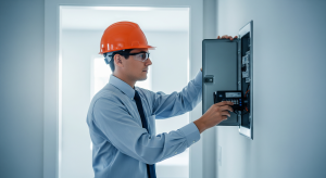 Electrician inspecting residential electrical panel