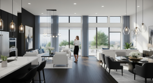 Modern open concept living room and kitchen in luxury home