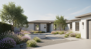 Modern single-story home with landscaped yard