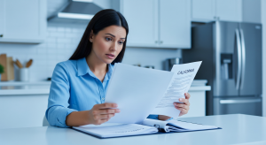 Woman reviewing California real estate documents at home