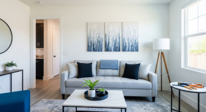 Staged living room with modern furniture and decor