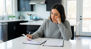Silicon Valley home seller reviewing real estate documents at a kitchen table
