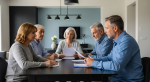 Family reviewing probate real estate documents together