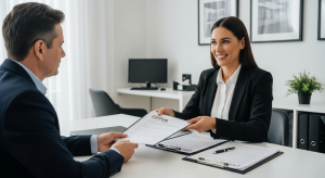 Real estate agent presenting a home offer to a seller